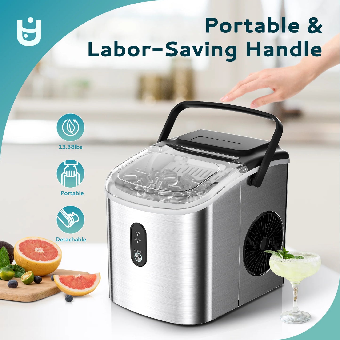 Countertop Ice Maker 26 Lbs/Day Portable Self-Cleaning, 9 Bullet Ice in 6 Min, Silver