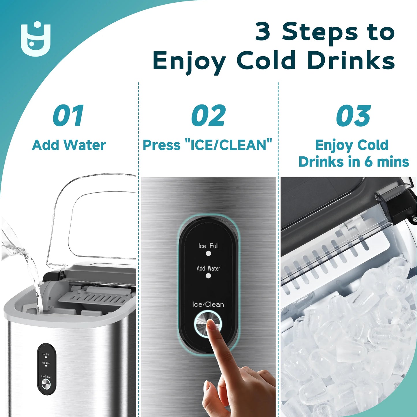 Countertop Ice Maker 26 Lbs/Day Portable Self-Cleaning, 9 Bullet Ice in 6 Min, Silver