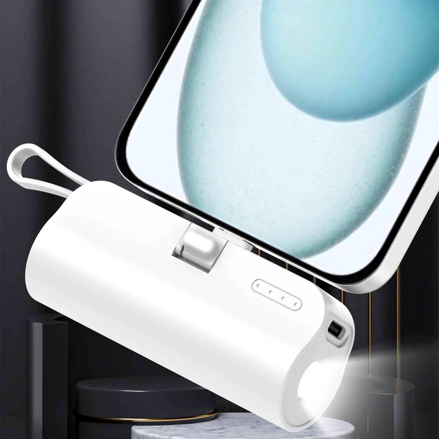 Mini portable mobile phone charger 5000mAh mobile power supply, built-in cable charging, built-in LED light, built-in bracket function, compact and compact, suitable for mobile phones, headphones, speakers