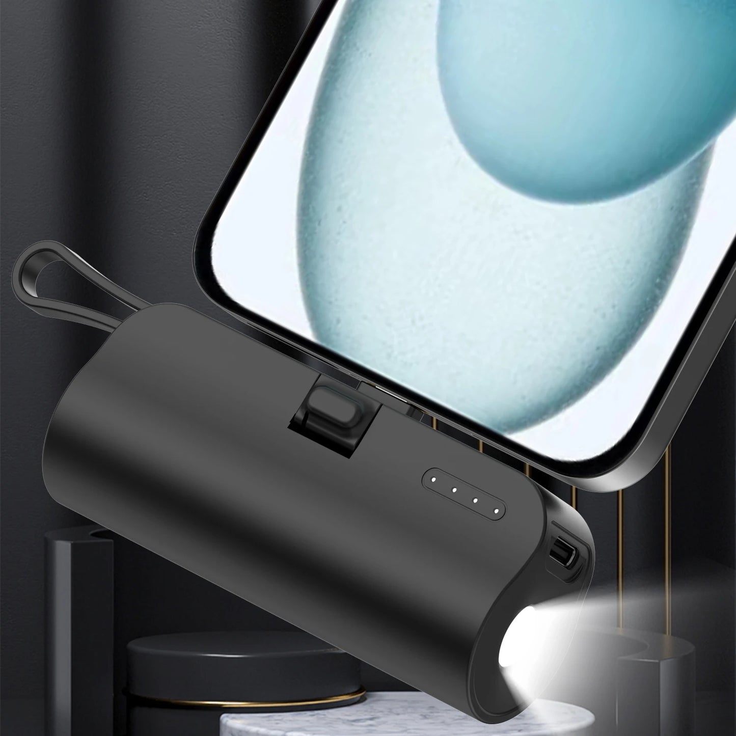 Mini portable mobile phone charger 5000mAh mobile power supply, built-in cable charging, built-in LED light, built-in bracket function, compact and compact, suitable for mobile phones, headphones, speakers
