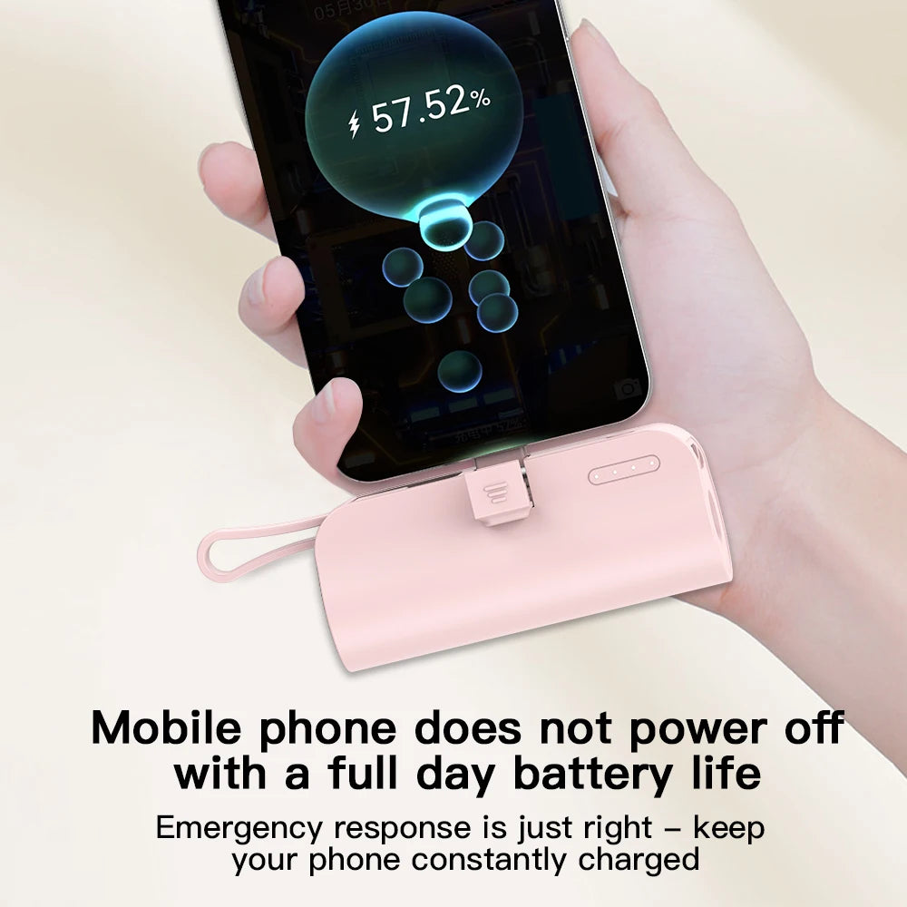 Mini portable mobile phone charger 5000mAh mobile power supply, built-in cable charging, built-in LED light, built-in bracket function, compact and compact, suitable for mobile phones, headphones, speakers
