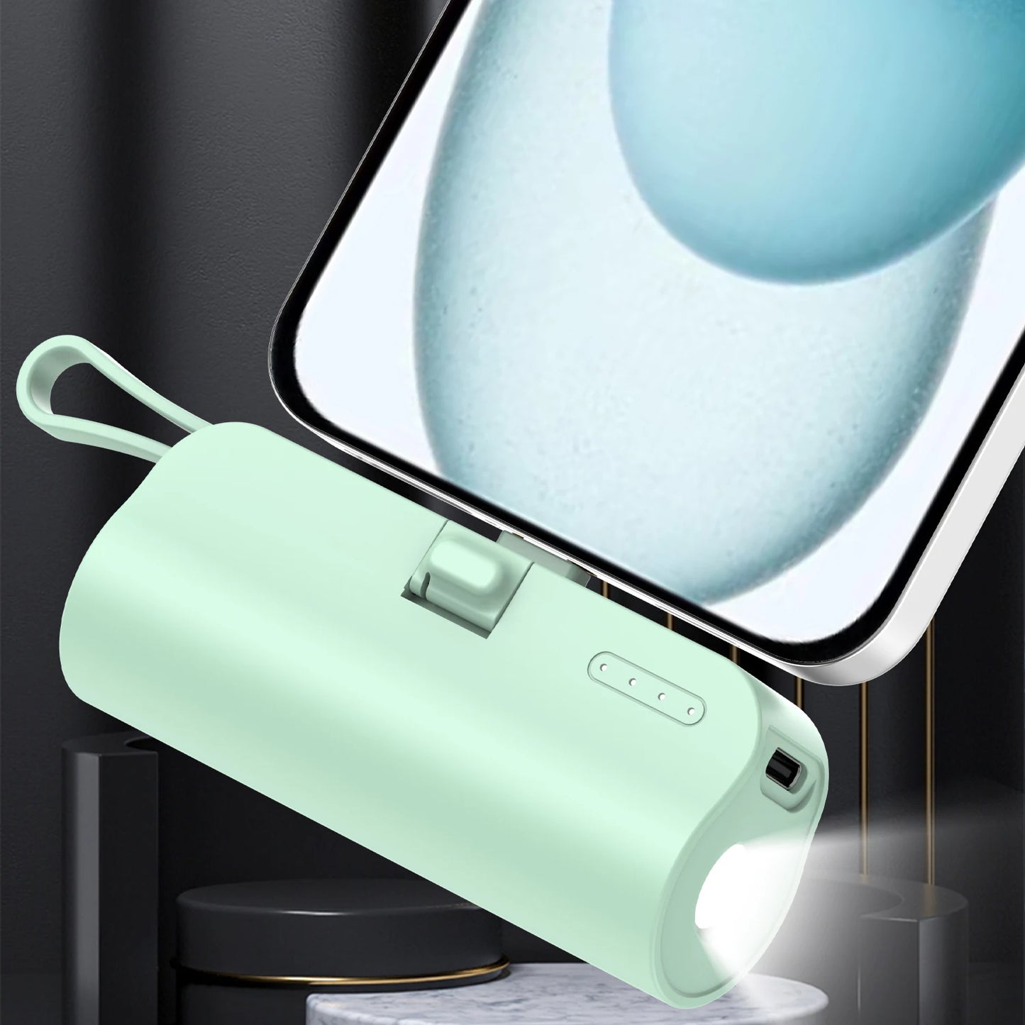 Mini portable mobile phone charger 5000mAh mobile power supply, built-in cable charging, built-in LED light, built-in bracket function, compact and compact, suitable for mobile phones, headphones, speakers