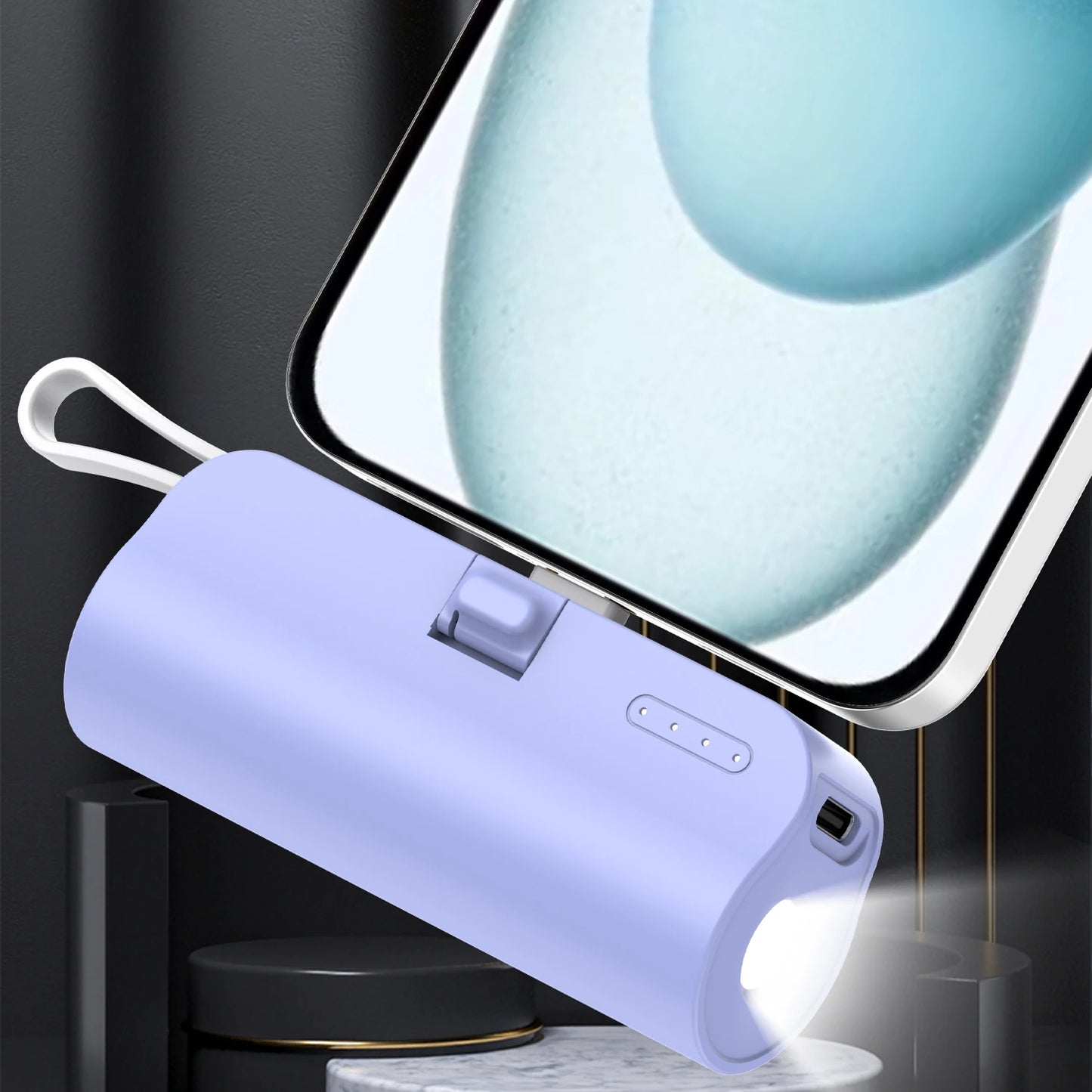 Mini portable mobile phone charger 5000mAh mobile power supply, built-in cable charging, built-in LED light, built-in bracket function, compact and compact, suitable for mobile phones, headphones, speakers