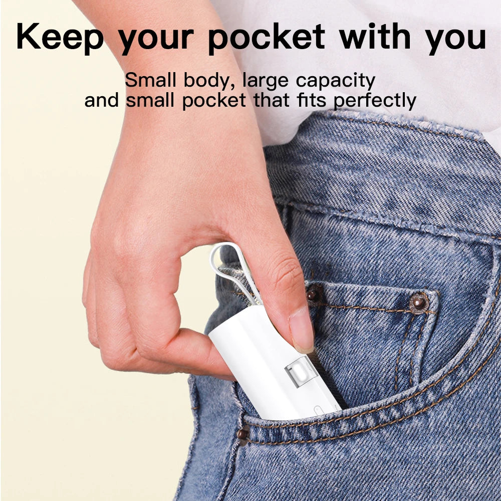 Mini portable mobile phone charger 5000mAh mobile power supply, built-in cable charging, built-in LED light, built-in bracket function, compact and compact, suitable for mobile phones, headphones, speakers