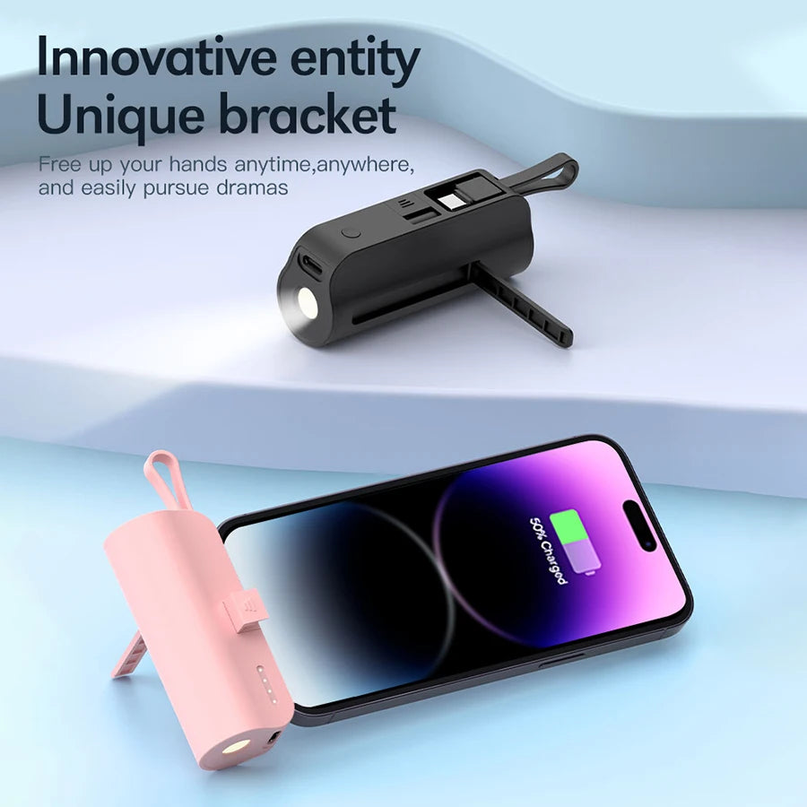 Mini portable mobile phone charger 5000mAh mobile power supply, built-in cable charging, built-in LED light, built-in bracket function, compact and compact, suitable for mobile phones, headphones, speakers