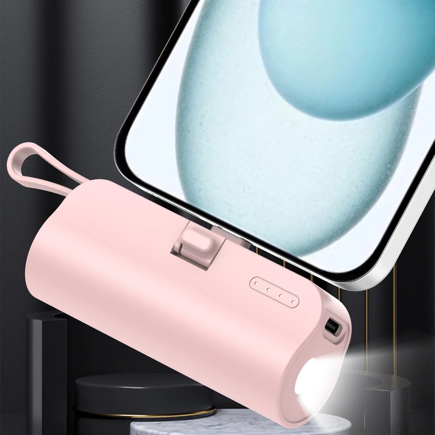 Mini portable mobile phone charger 5000mAh mobile power supply, built-in cable charging, built-in LED light, built-in bracket function, compact and compact, suitable for mobile phones, headphones, speakers