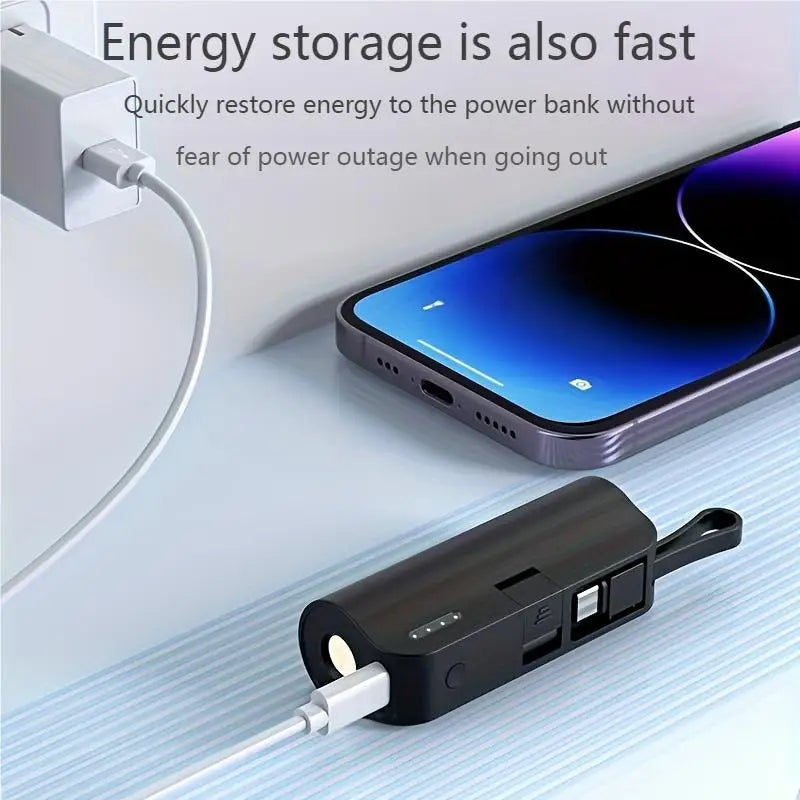 Mini portable mobile phone charger 5000mAh mobile power supply, built-in cable charging, built-in LED light, built-in bracket function, compact and compact, suitable for mobile phones, headphones, speakers