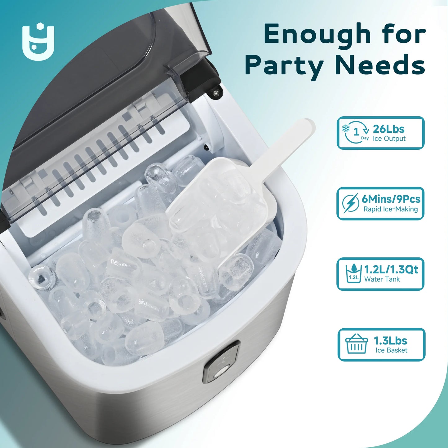 Countertop Ice Maker 26 Lbs/Day Portable Self-Cleaning, 9 Bullet Ice in 6 Min, Silver