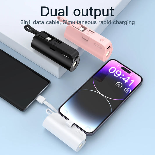 Mini portable mobile phone charger 5000mAh mobile power supply, built-in cable charging, built-in LED light, built-in bracket function, compact and compact, suitable for mobile phones, headphones, speakers